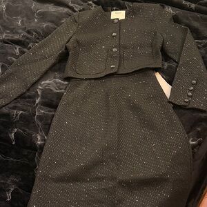 Black Textured Women's Blazer and Skirt Set